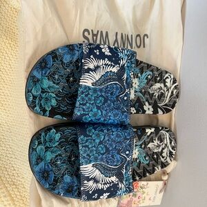Johnny Was Blue and Black Phoenix Slide Sandals NWT